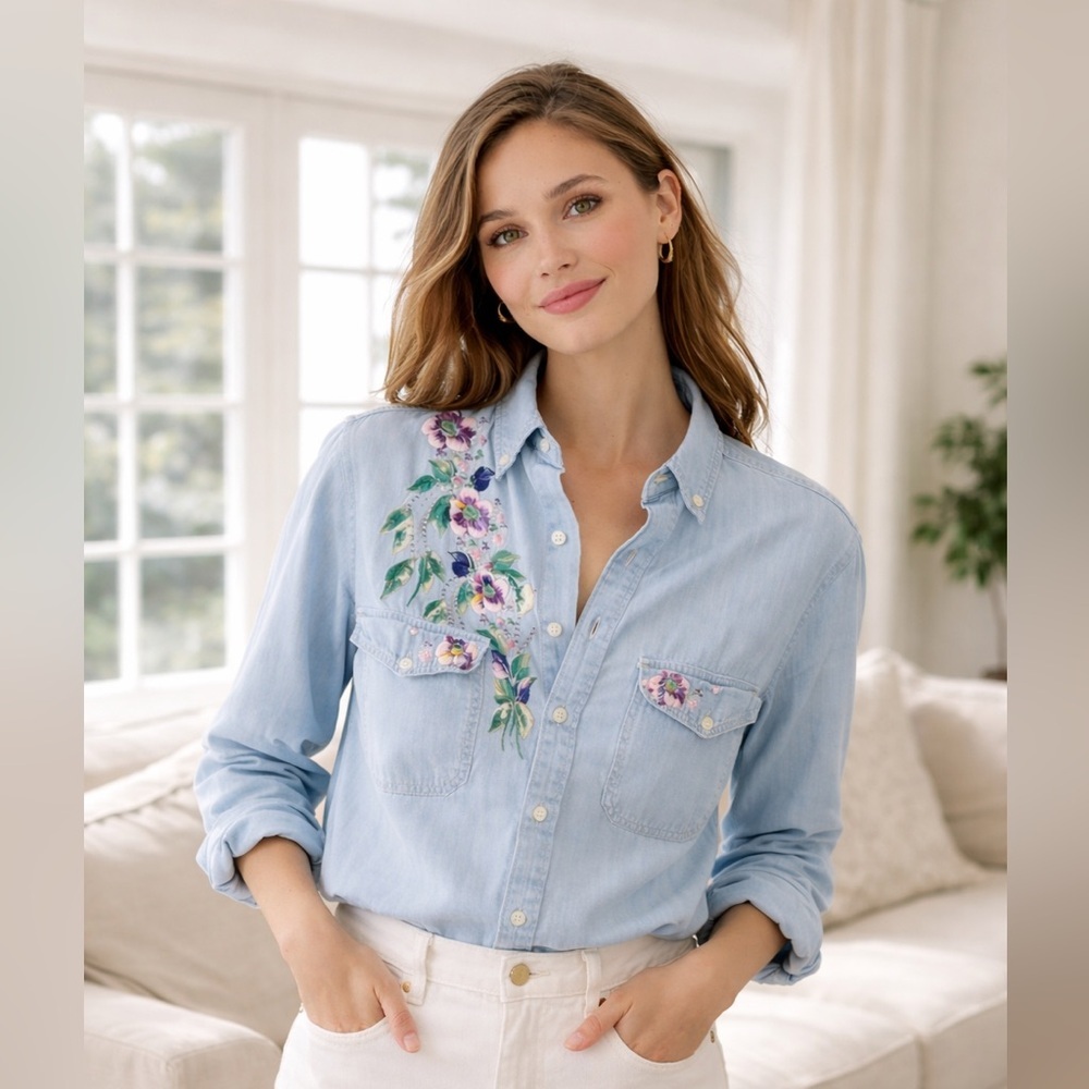 Vintage Threads Unlimited Women’s Hand-Painted Floral Button-Down